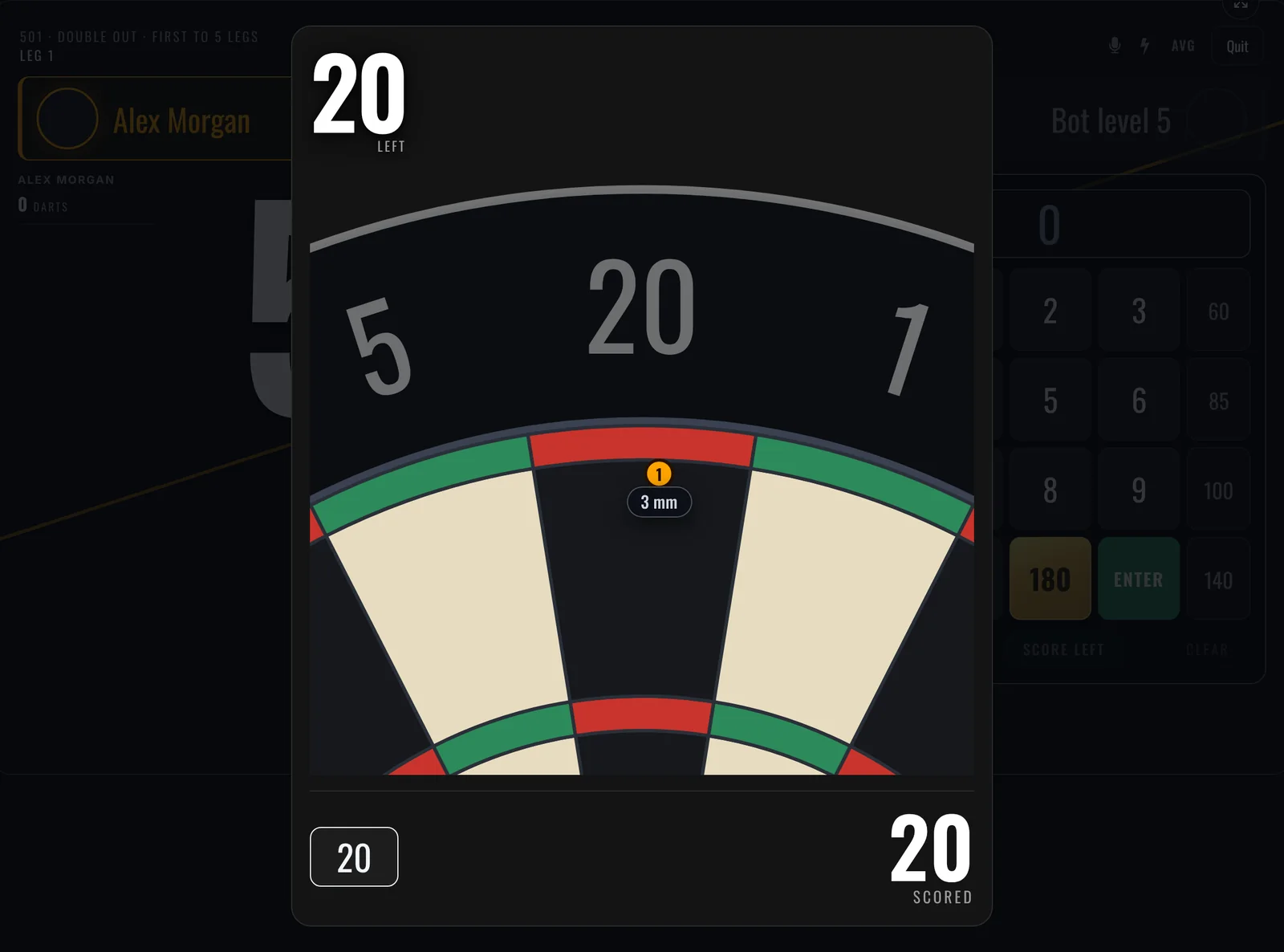 The camera moves in on the double The bot's turn on 40: its board zoomed in on double 20, with a dart 3 mm inside the wire and the label showing the miss.