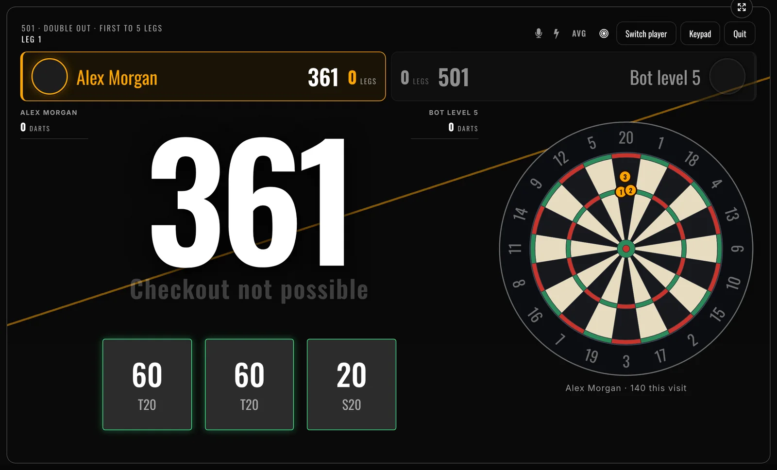 Your own darts on the board during a Scolia match A Scolia match in the 501 game: the big score and the three dart boxes on the left, the board view on the right with the visit's three darts numbered.