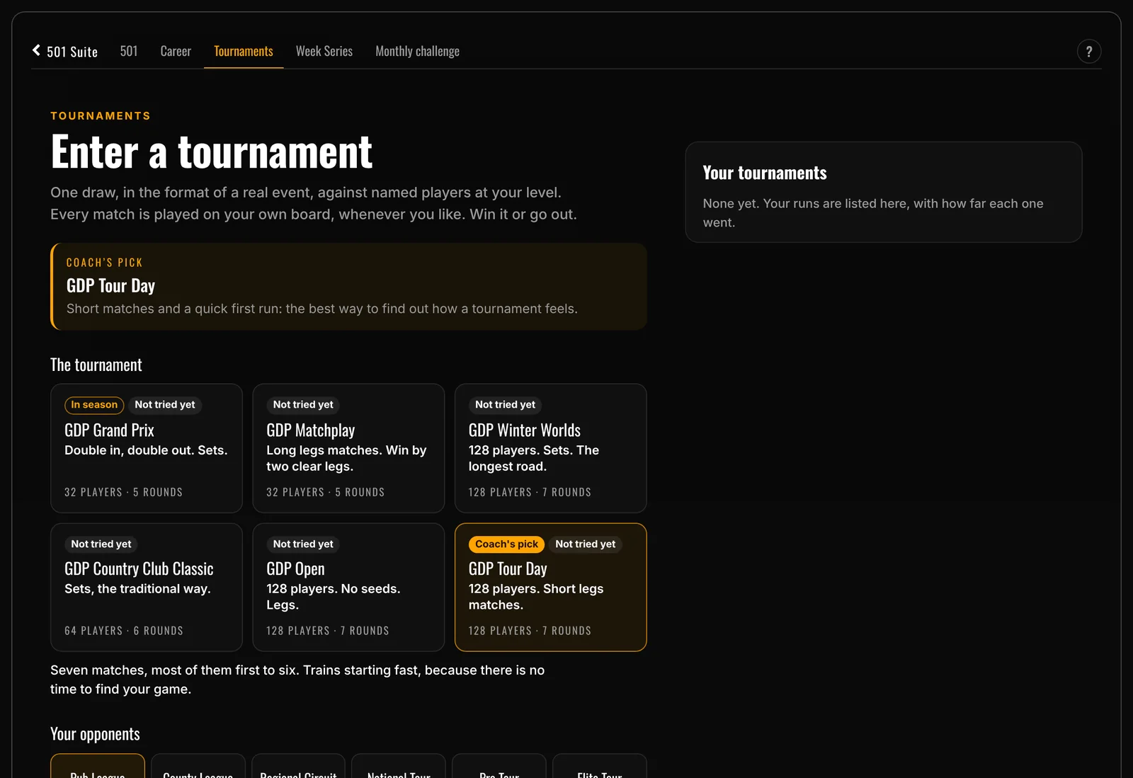 Tournaments The Tournaments page: the coach's pick and the tournament cards to choose from, each with its format and number of players.