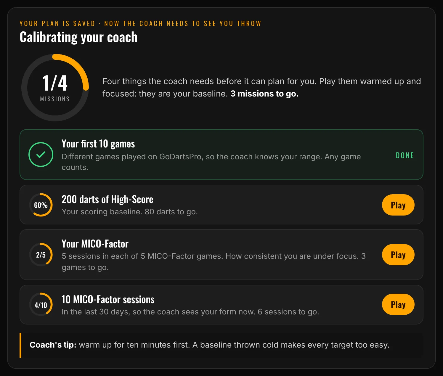 Calibrating the coach: four missions with progress rings and Play buttons