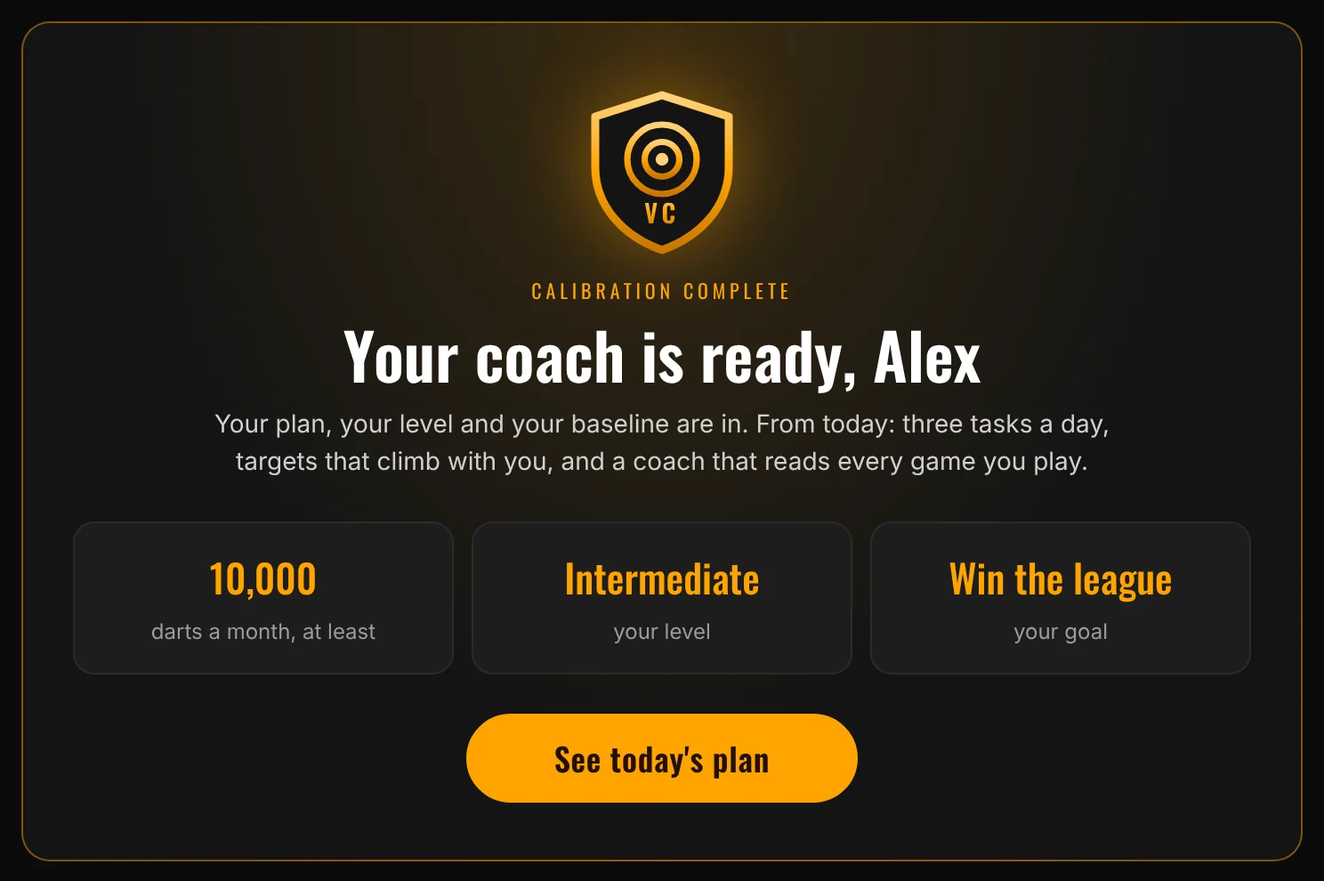 Your coach is ready, Alex: the plan, the level and the goal, and a button to the plan for today