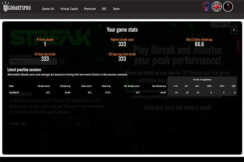 Streak Darts Game - stats
